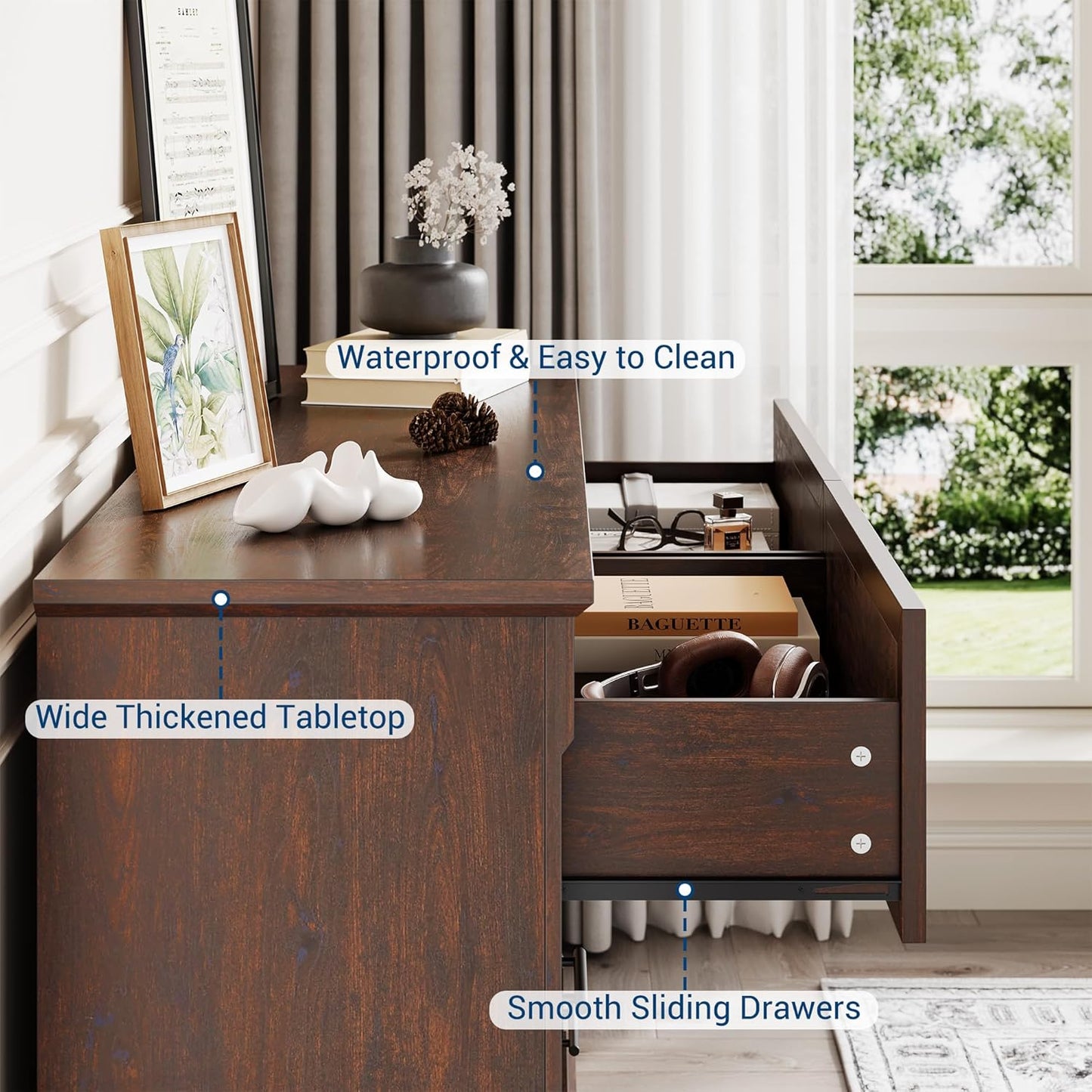 GAOMON Brown 6 Drawer Dresser for Bedroom, Farmhouse 47.2" Wide Chest of Drawers with Metal Handles, Rustic Double Wood Dresser, Storage Dressers Organizer for Living Room, Nursery