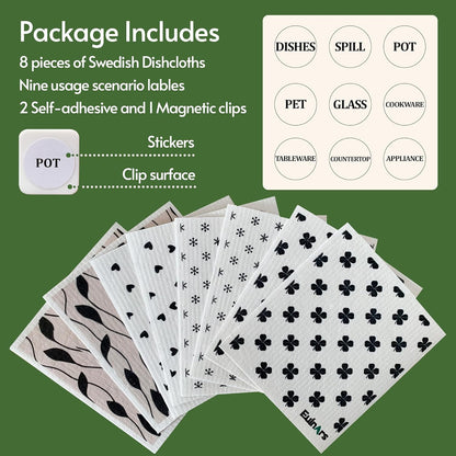 Reusable Paper Towels, 8-Pack Swedish Dishcloths for Kitchen with 3 Clips, Black White, Cotton, 200 Washes