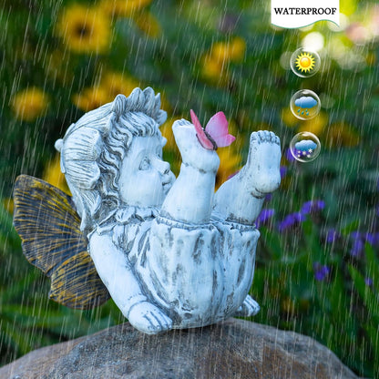 Garden Fairy Outdoor Solar Decor, Resin Ornaments for Patio Lawn Yard Porch, Playful Garden Flower Fairy Statues for Outside Angel Gifts, 7.91 Inches Tall