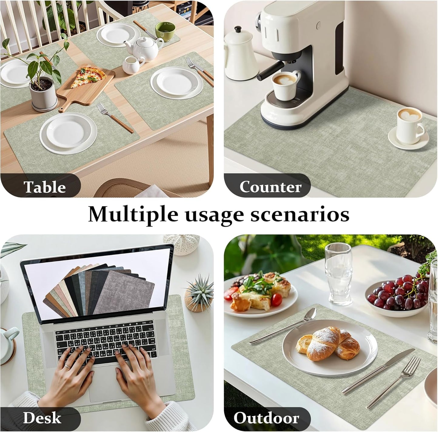 FROMHEART Faux Leather Placemats Set of 8–Waterproof,Heat/Oil Stain-Resistant PU Table Mat–Reversible,Non-Slip,Easy to Clean Place Mats for Kitchen,Dining,Indoor/Outdoor,(Light Green,11.8" x 17")