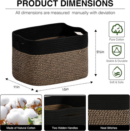 Woven Cotton Rope Storage Basket for Organizing, Cute Decorative Baskets for Gifts Empty, Organizer Bins for Dog Toy, Baby Laundry, 15“×11”×9.5“, Jute & Black