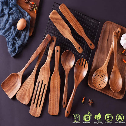 Wooden Spoons for Cooking,GUDAMAYE 10 PCS Wooden Kitchen Utensils Set,Wooden Cooking Utensils For Non-stick Pan,Teak Wood Utensils Set,Spurtles Kitchen Tools As Seen On Tv