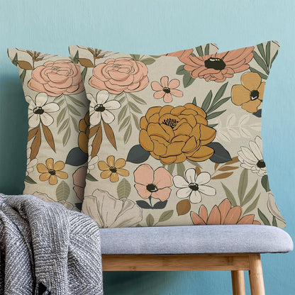 CXMEIFLY Spring Floral Pillow Covers 16 x 16 Inch Set of 2 for Vintage Mustard Yellow Pink Flowers Decor Throw Pillows Plant Cream Outdoor Decorative Cushion Cases for Couch Bed Decorations