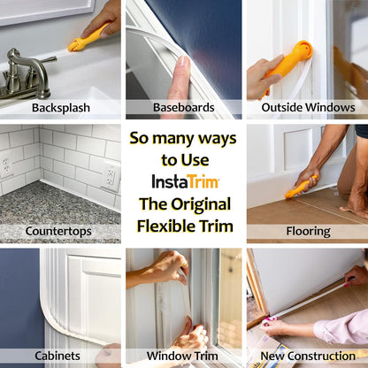 InstaTrim The Original Flexible Trim - 50ft White 3/4" Wide Caulk Tape - Adhesive Trim with Many Uses Including Caulking for Bathtubs, Sinks, Counters, Tile, Floors - Made in USA