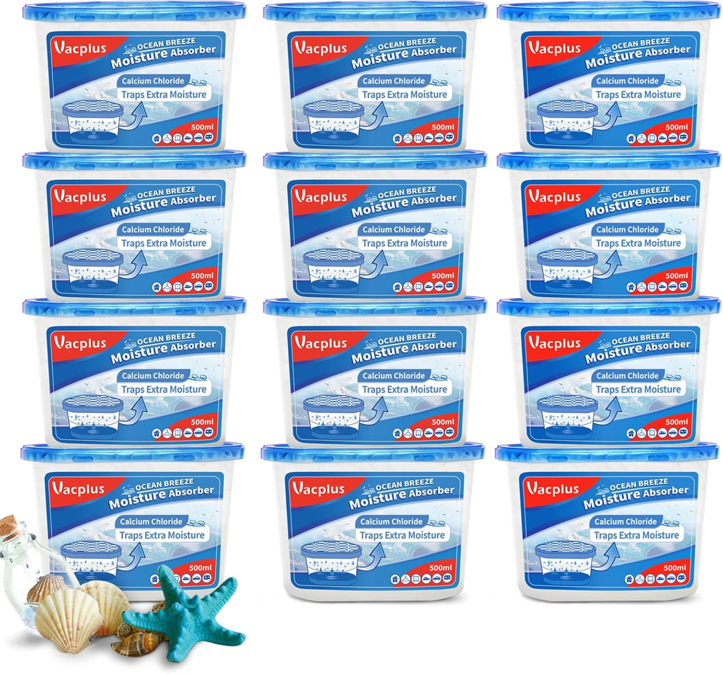 Vacplus Moisture Absorbers 12 Pack, 10.5 Oz, Humidity Absorber Boxes Attracts Extra Moisture from Your Bathroom, Closet, Kitchen, Dehumidifier for Closet (Ocean Scent), Light blue