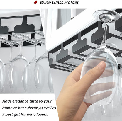 Wine Glass Rack - Under Cabinet Stemware Wine Glass Holder Glasses Storage Hanger Metal Hanging Organizer for Bar Kitchen 4 Rows Black