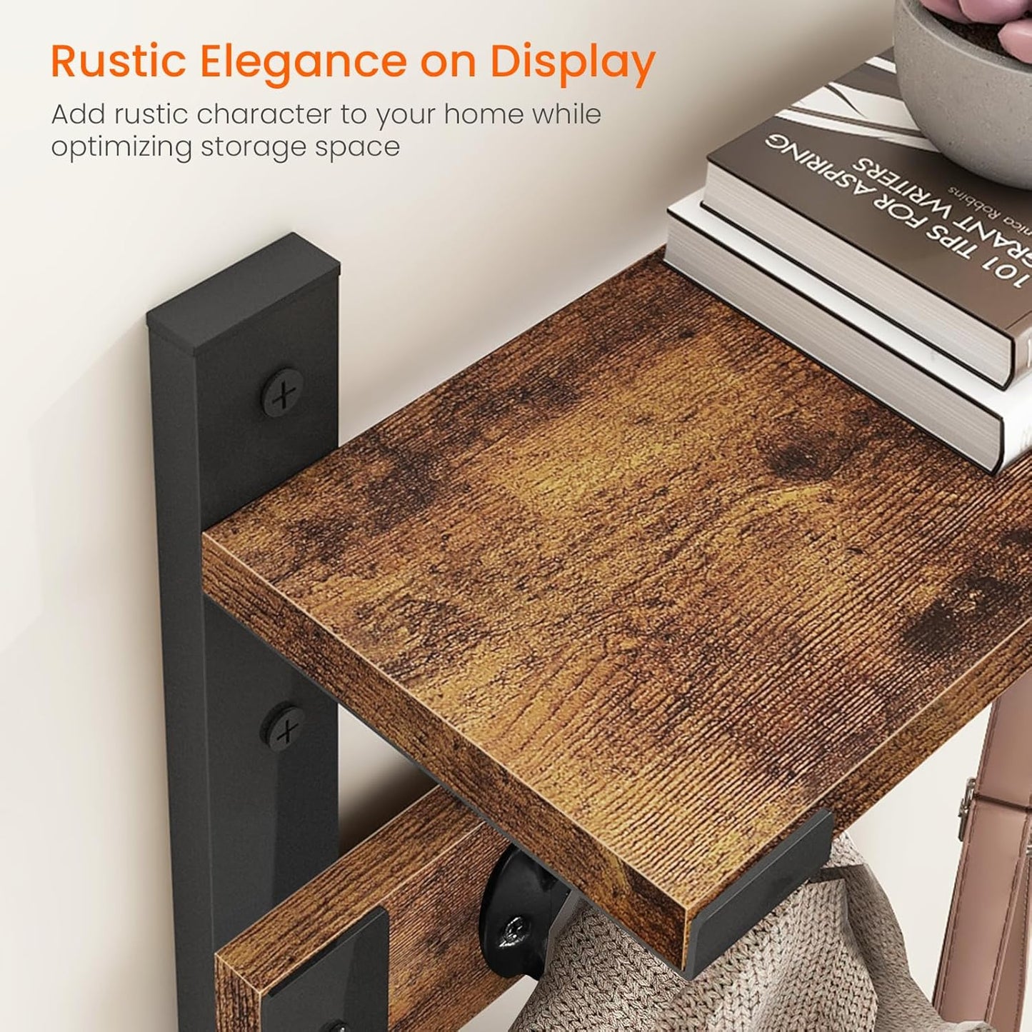 Homode Coat Rack Wall Mount with Shelf, Wood Wall Hooks with Shelf, Heavy Duty Entryway Shelf with Hooks with 4 Metal Hangers for Hanging Key Towel Hat Purse, Bathroom Bedroom, Rustic Brown Black