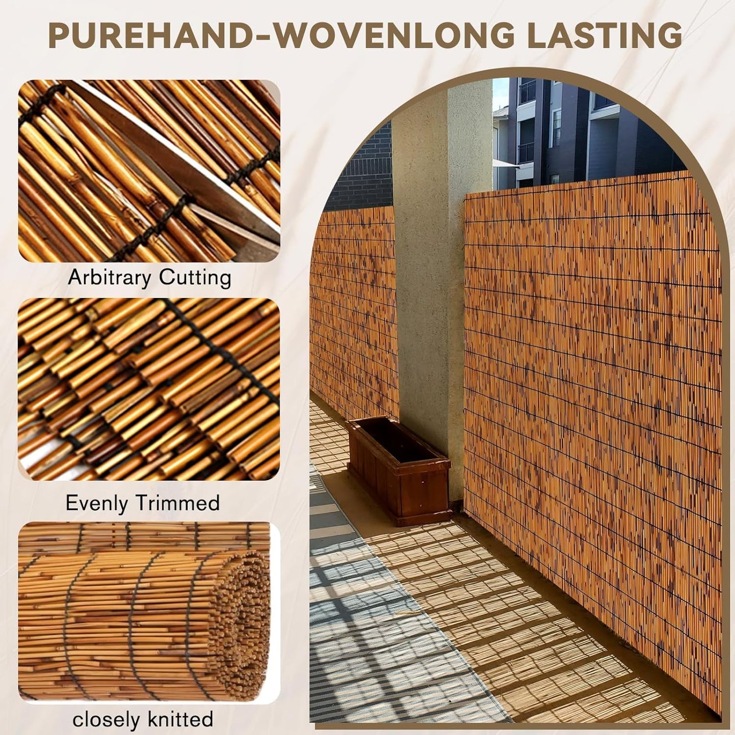 Bamboo Reed Fencing, Light Russet Bamboo Fence Rolls 4 Feet High, Decorative Reed Screen Privacy Curtains for Patio Balcony Garden Backyard Outdoor, 4 x 16 FT (2 Pcs)