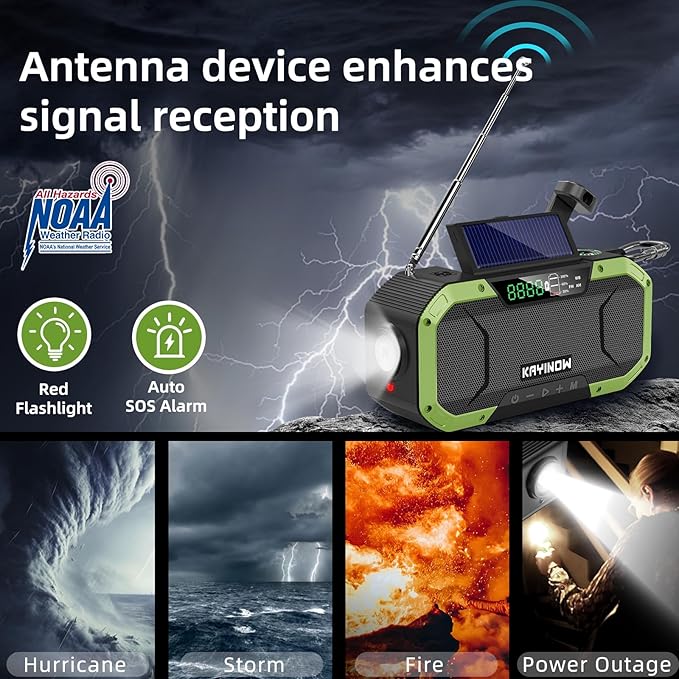 Hand Crank Emergency Radio,Portable AM FM NOAA Weather Radio,Solar Power,Battery Operated,USB Charging Flashlight,Cell Phone Charger,Waterproof,SOS for Camping,Power Outage,Survival Storm