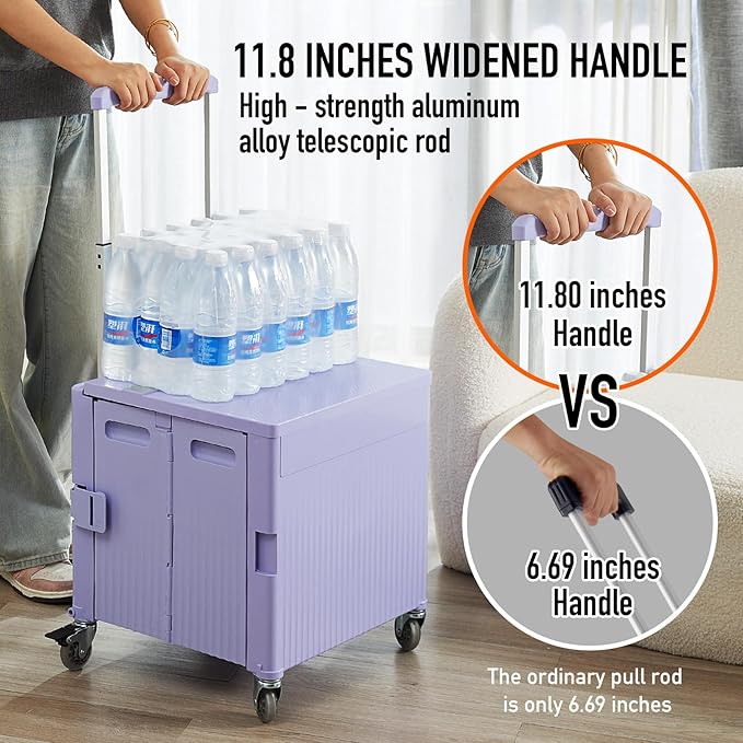 Folding Utility Cart Portable Rolling Crate Handcart Shopping Trolley Collapsible Tool Box, with Lid, on Rotate Wheels, for Grocery, Shopping, Office, Teacher, Camp,File (Purple)