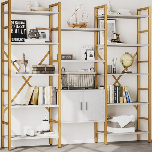 Triple 5 Tier Bookshelf, Industrial Large Bookcase with Storage Cabinet, Tall Gold Bookshelf with 14 Open Display Shelves Metal Frame Furniture for Living Room Bedroom Home Office Gold & White