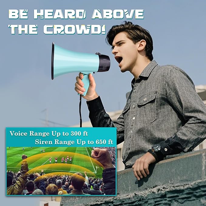 MyMealivos 20W Megaphone Bullhorn, Built in Siren & 240s Recording, 5.4"×8.6" Portable Megaphone with Volume Control Cover Up to 300 feet+ for Indoor and Outdoor Activities(Teal)