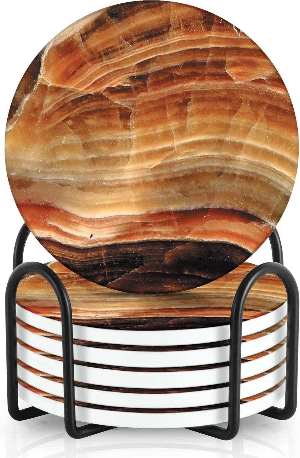 Emerson Essentials Coasters for Drinks Absorbent with Holder, Set of 6, Cork Bottom Ceramic Stone Modern Marble Style for Wooden Coffee Bar Tables, Glass Tabletop Non Slip, Housewarming