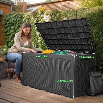 100 Gallon Outdoor Deck Box,Storage Lockable Waterproof Patio Furniture,Garden Tools,Cushions,Pool Accessories Outside Storage Resin Box(Black)