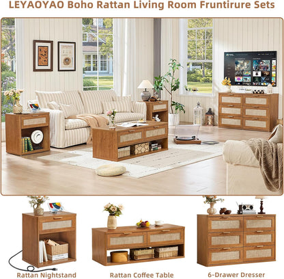 LEYAOYAO 48" Farmhouse Boho Rattan Coffee Table with 2 Woven Drawers,Rectangular Coffee Tables with Hidden Storage Compartment,Curved Profile Design,Wooden Center Table for Living Room,Office,Brown