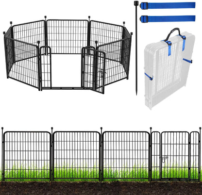 ADAVIN 32 in(H) Garden Fences and Borders,1 Gate+7 Panels Dog Fence Outdoor for Yard, Heavy Duty Iron Metal Animal Barrier Fence, Portable Fence, Flower Garden Fencing,Total 17.7 Ft(L), Black