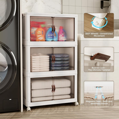 Jalove 88QT Plastic Storage Bins with lids, Stackable Collapsible Storage Containers with Wheels, Closet Organizer and Storage Drawers, Clothes Storage Cabinet for Home Office Garage, 3 Pack White