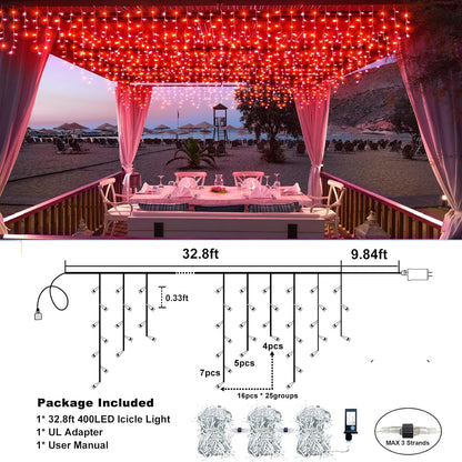 Icicle Lights for Outside, 33FT 400 LED Christmas Lights with 8 Modes 75 Drops, Waterproof Plug in Curtain String Light for Outdoor Indoor House Patio Fence Wedding Decorations, Red