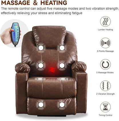 SALOHZA Power Lift Recliner Chair for Elderly with Massage and Heat for Living Room, Electric Recliner Chair for Adults with USB/Type C Port/Cup Holders, PU Faux Leather, Dark Brown