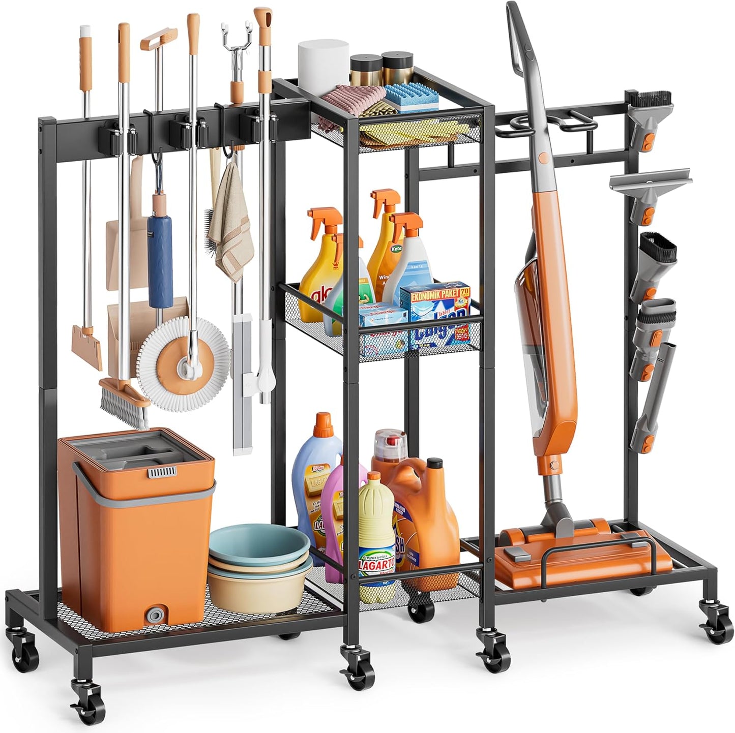 Broom Holder with Cleaning Supplies Organizer, Broom Closet Storage Cabinet with Cleaning Caddy Vacuum Stand, Cleaning Cart with Mop Hanger Gripper Rack Hook, Laundry Room Organization Home Essentials