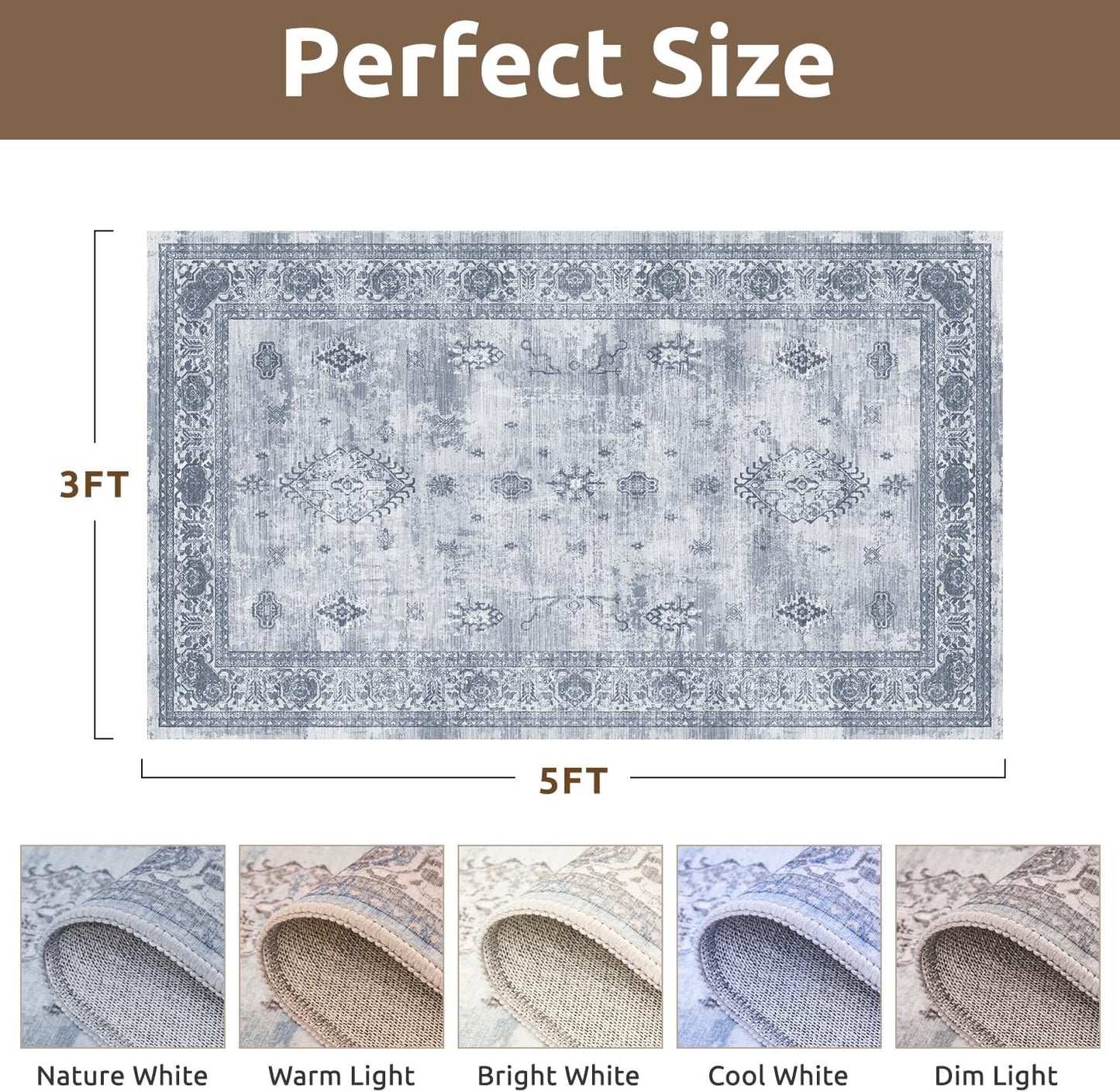 AMOAMI-Vintage Area Rug 3x5 Blue Rugs for Living Room-Soft Washable Rug Non Slip Entryway Rug Indoor Vintage Throw Accent for Bedroom Laundry Room Dining Bathroom Bedside