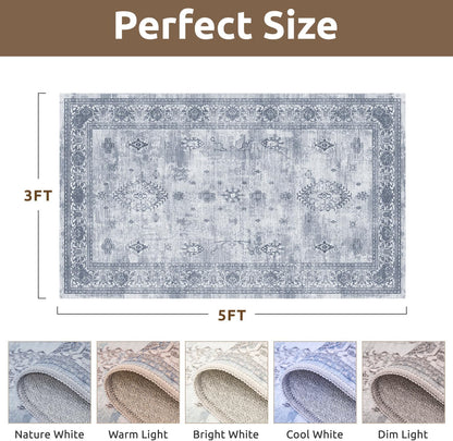 AMOAMI-Vintage Area Rug 3x5 Blue Rugs for Living Room-Soft Washable Rug Non Slip Entryway Rug Indoor Vintage Throw Accent for Bedroom Laundry Room Dining Bathroom Bedside