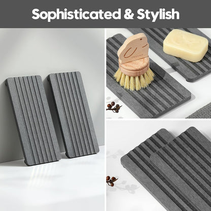 2PCS Diatomite Quick Stone Drying Tray Mat For Bathroom & Kitchen Counter, Instant Dry Water Absorbent Drink Bar Coaster,Vanity Sink Caddy Organizer,Dish Soap Sponge Holders, Charcoal,8"x3.8"