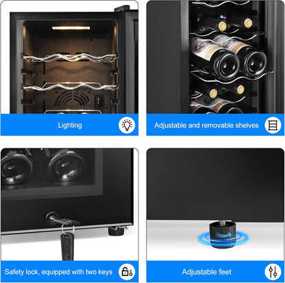 Wine Cooler Refrigerator 12 Bottles, Small Wine Fridge Mini Wine Fridge Countertop with Glass Door Wine Cellars for Red Wine, Champagne, Dry White Wine, Sparkling Wines