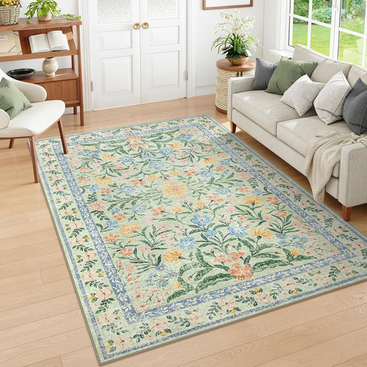 Wonnitar Washable Floral 6x9 Rug, Soft Green Area Rug Boho Non Slip Dining Room Carpet, Non-Shedding Flower Floor Carpets for Kids Bedroom Living Room Dorm Playroom