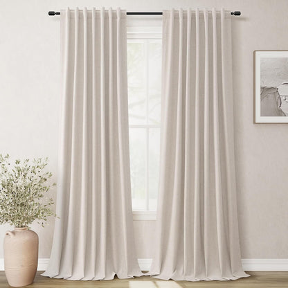 BOODII Sand Beige Linen 100% Blackout Curtains for Bedroom 102 Inch Long 2 Panels Window Curtain Floor to Ceiling Length for Living Room Sliding Glass Door Back Tab Linen Room Darkening Drapes 52x102