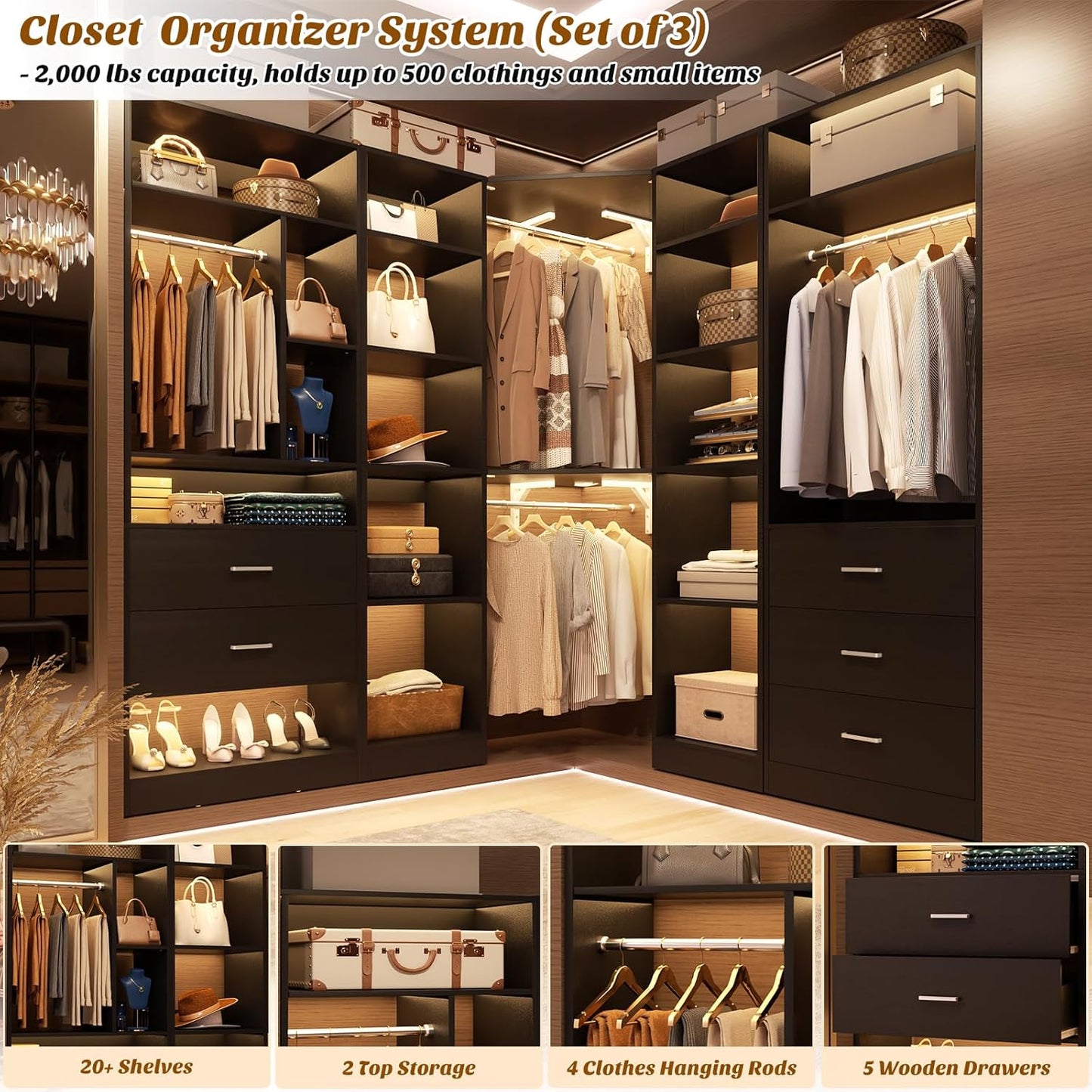 Corner Closet System with 5 Drawers, Closet Organizer System with 15+Shelvess & 4 Hanging Rods, 63.2"L * 63.2"W / 87.2"L * 39.2"W Reversible L Shaped Walk-in Closets, Load 2500+LBS, Black