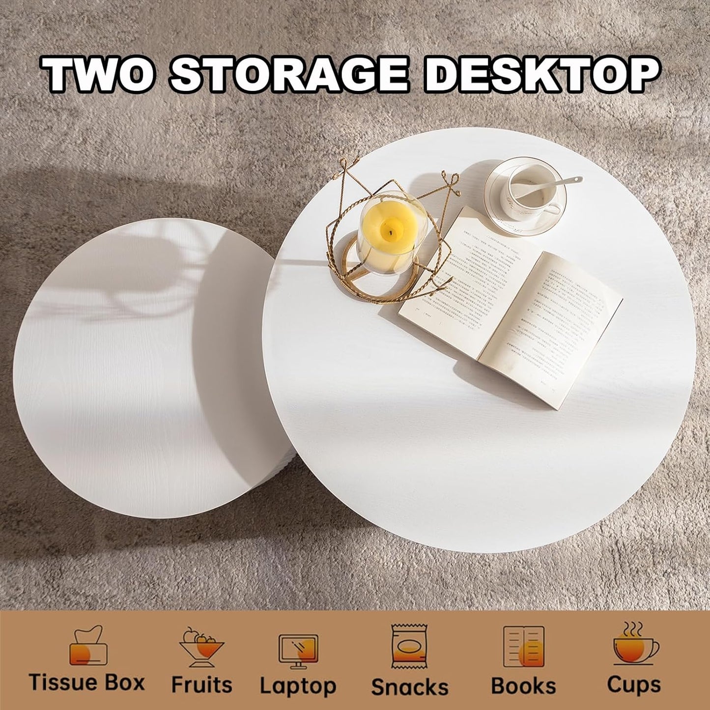 Nesting Coffee Table Set of 2 Modern Handcraft Fluted Coffee and End Table Sets Wooden Drum Small Round Side Table Minimalist Cream Center Tables for Living Room,No Assembly,Crescent Large