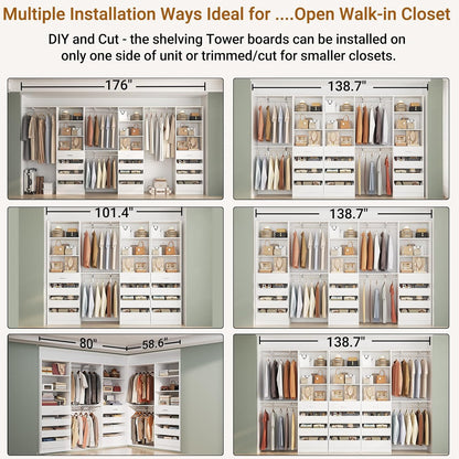 Aheaplus Closet System Set of 3, 138.5" Wood Closet Organizer System Tower with 12 Drawers & 4 Hanging Rods, 6.7+4.85Ft L Shaped Walk-in Closets Wardrobe Organizer Garment Rack with Shelves, White