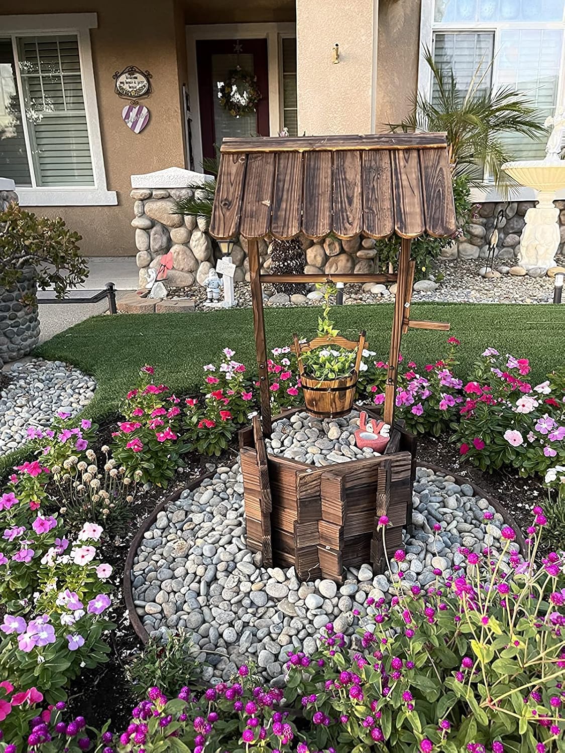 Garden Wooden Decor Rustic Wishing Well Planter Outdoor Home Décor for Patio, Upgrade Wishing Well Garden, Yard Hanging Bucket Patio Lawn Backyard Home Decor