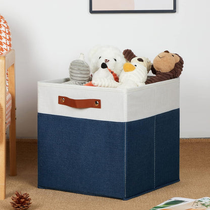 HNZIGE Fabric Storage Cubes Bins for Shelves,13x13 Storage Cubes, Set Of 4 Foldable Cubby Storage Bins for Organizing, Cloth Blue Storage Baskets for Cube Organizer Toy Nursery Shelves(Blue&White)