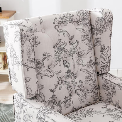 DUOMAY Tufted Accent Chair Set of 2, Modern Linen Upholstered Wingback Side Arm Chair for Living Room Bedroom with Wood Legs, Comfy Reading Guest Chair for Office, Beige Flower Pattern