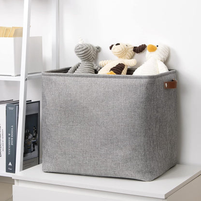 DULLEMELO Large Collapsible Storage Basket/Bin with Sturdy Leather Handles, Fabric Organizer Bin for Storage Clothes, Toys, Books, Office, Bedroom, Closet, Nursery & Laundry (Gray)