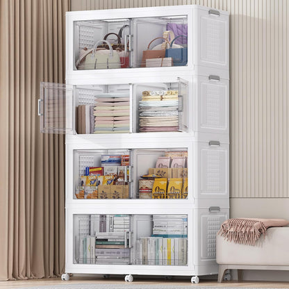 BROVIEW 800 Qt Plastic Storage Bins with Lid, Doors & Wheels, 4Pack Extra Large Stackable Collapsible Storage Bins, Closet Organizers and Storage Drawer, Foldable Cabinets for Home Office, White