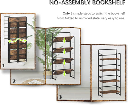 4NM No Assembly Foldable Bookshelf, 4-Shelf Collapsible Bookcase Storage for Small Spaces, 54" H, Rustic Brown and Black