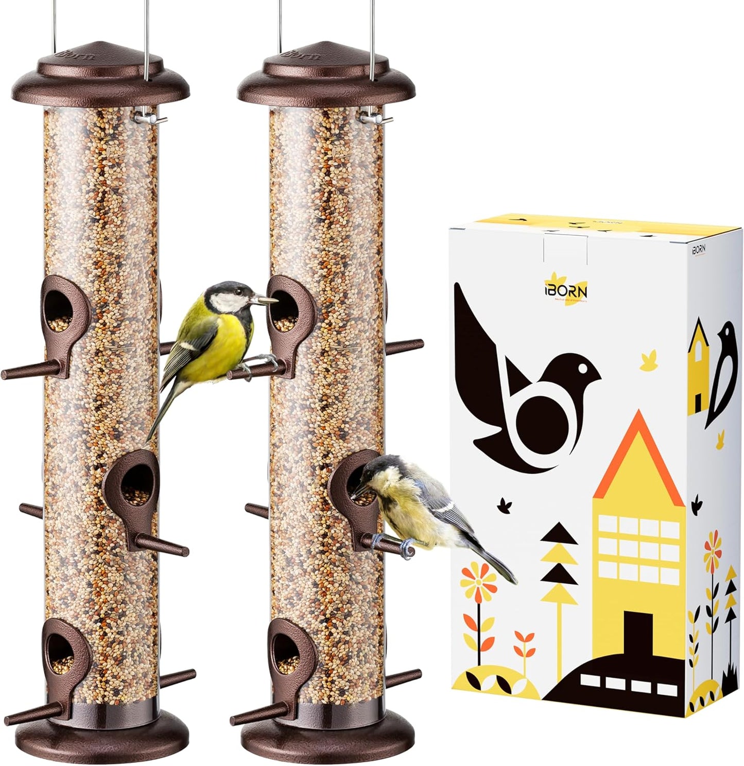 iBorn Metal Bird Feeder Hanging Wild Bird Seed Feeder for Mix Seed Blends Heavy Duty All Metal Coffee Finish,14 Inch 6 Port,Pack of 2