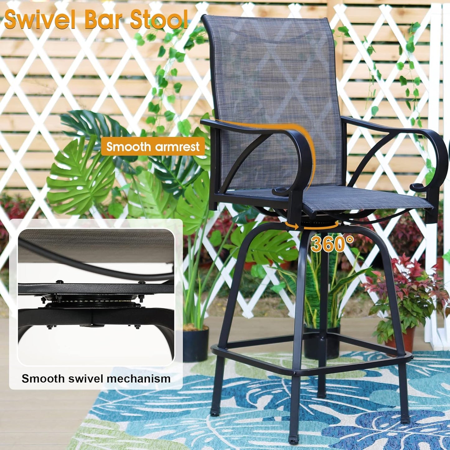 PHI VILLA 5 Piece Patio Bar Set, High Top Outdoor Dining Table and Chairs with Swivel Bar Stools (Gray) & Wood-Like Steel Rectangle Bar Table for Yard, Deck, Garden and Kitchen