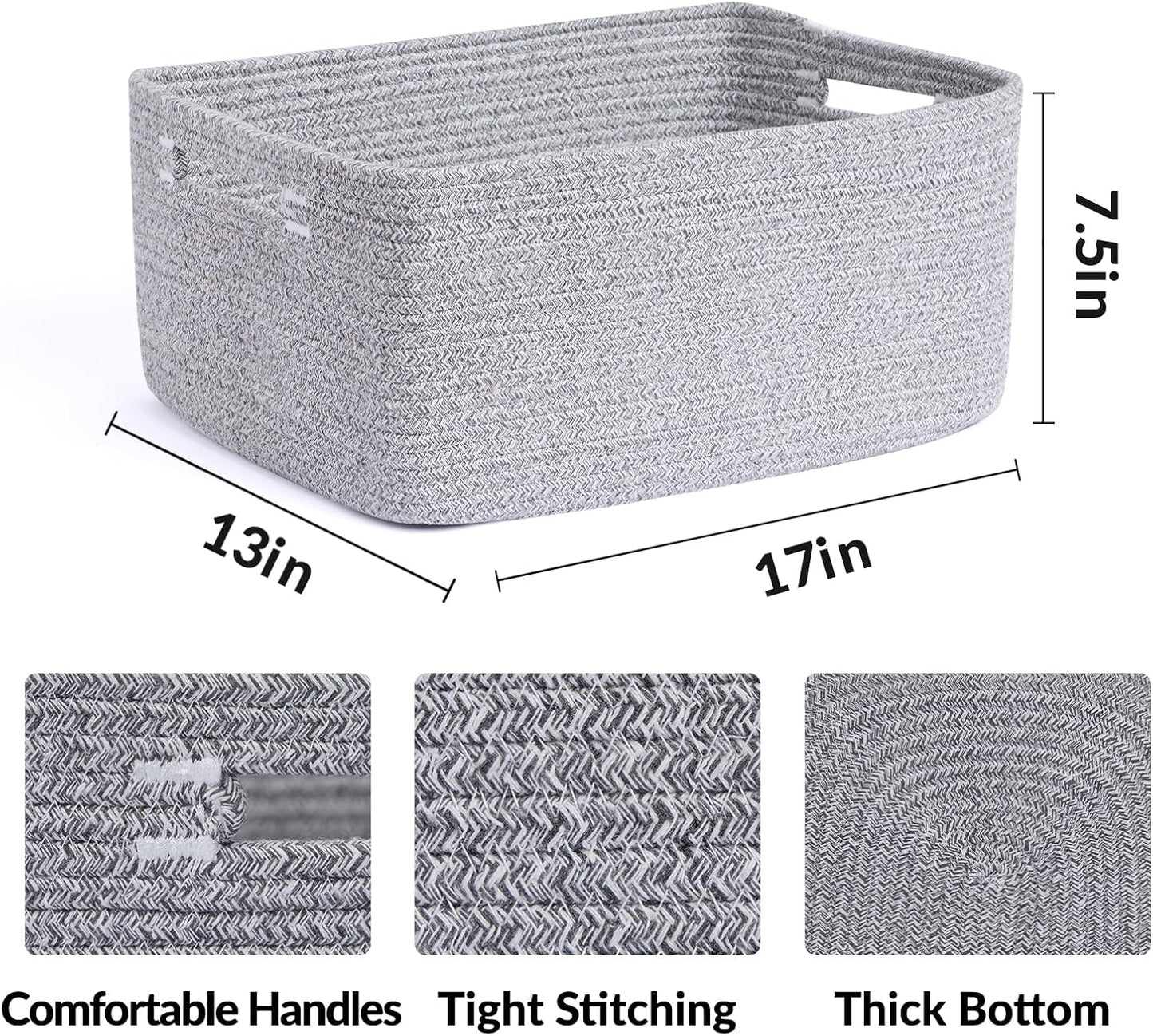 Large Storage Baskets for Shelves, Closet Organizers Bins for Clothes Blanket Towels, Baby Nursery, Toy Baskets Box, Woven Rope Baskets, 17 x 13 x 7.5”, 3 Packs Mixed Grey