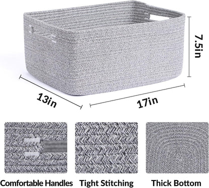Large Storage Baskets for Shelves, Closet Organizers Bins for Clothes Blanket Towels, Baby Nursery, Toy Baskets Box, Woven Rope Baskets, 17 x 13 x 7.5”, 2 Packs Mixed Grey