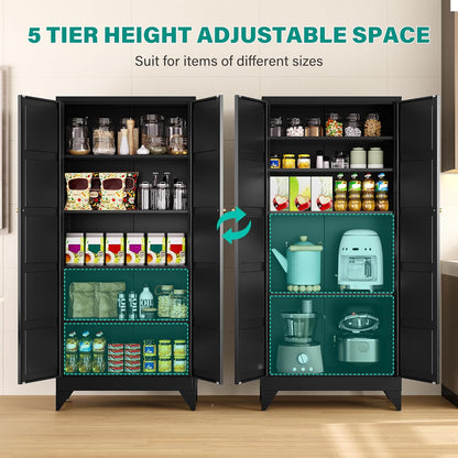 Metal Storage Cabinets with 2 Doors and 5 Shelves,Tall Storage Cabinet,Large Cupboard Closet,Pantry Storage Cabinet for Home,Office,Bathroom,Dining/Living Room (Black, 72" H)