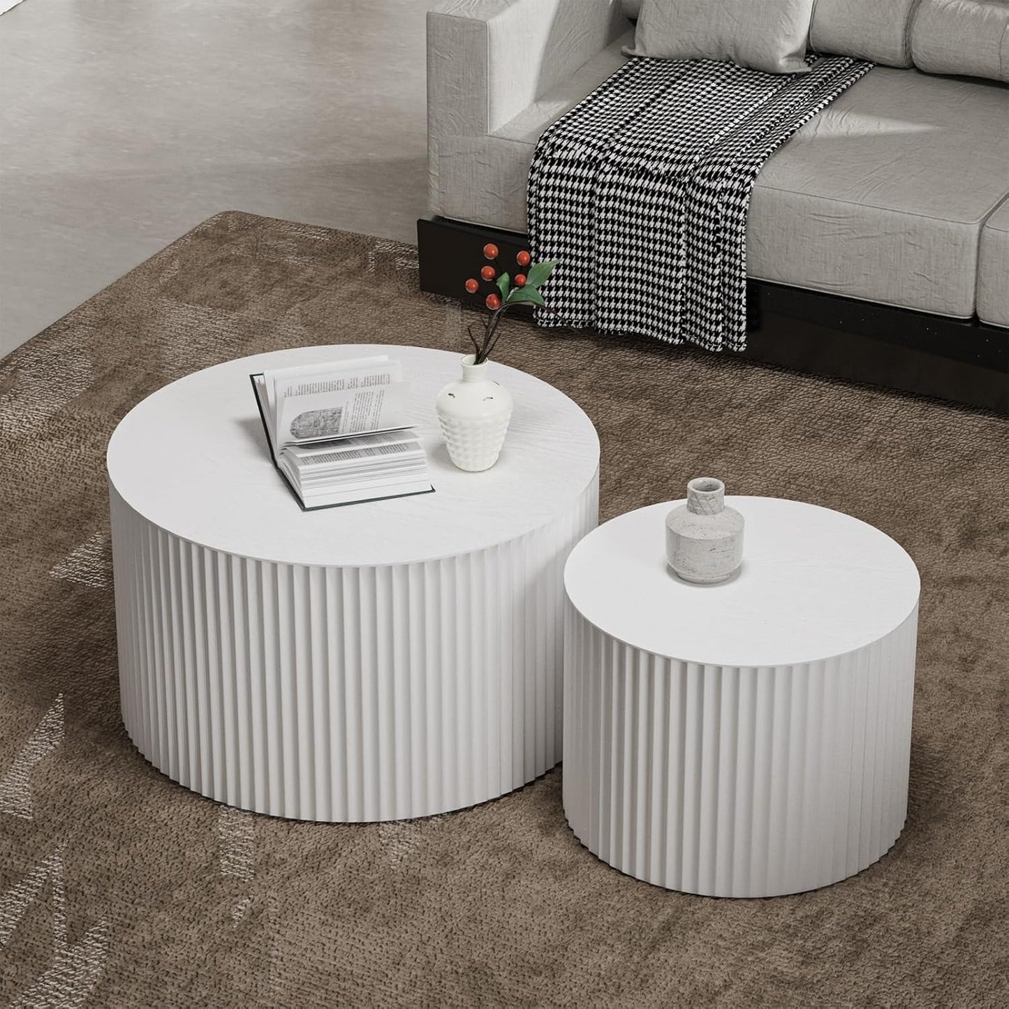 Round Nesting Coffee Table Set of 2 Handcraft Circle Fluted Nesting Coffee Tables Circular Side Table Drum Accent End Tables for Living Room Bedroom (White A Small)