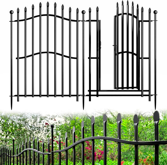 No Dig Garden Fence with Gate - 5 Panels 32in H x 11.25ft L, Sturdy Square Tube Rustproof Tall Animal Barrier for Dogs, Decorative Outdoor Fencing for Yard Gardens & Patios