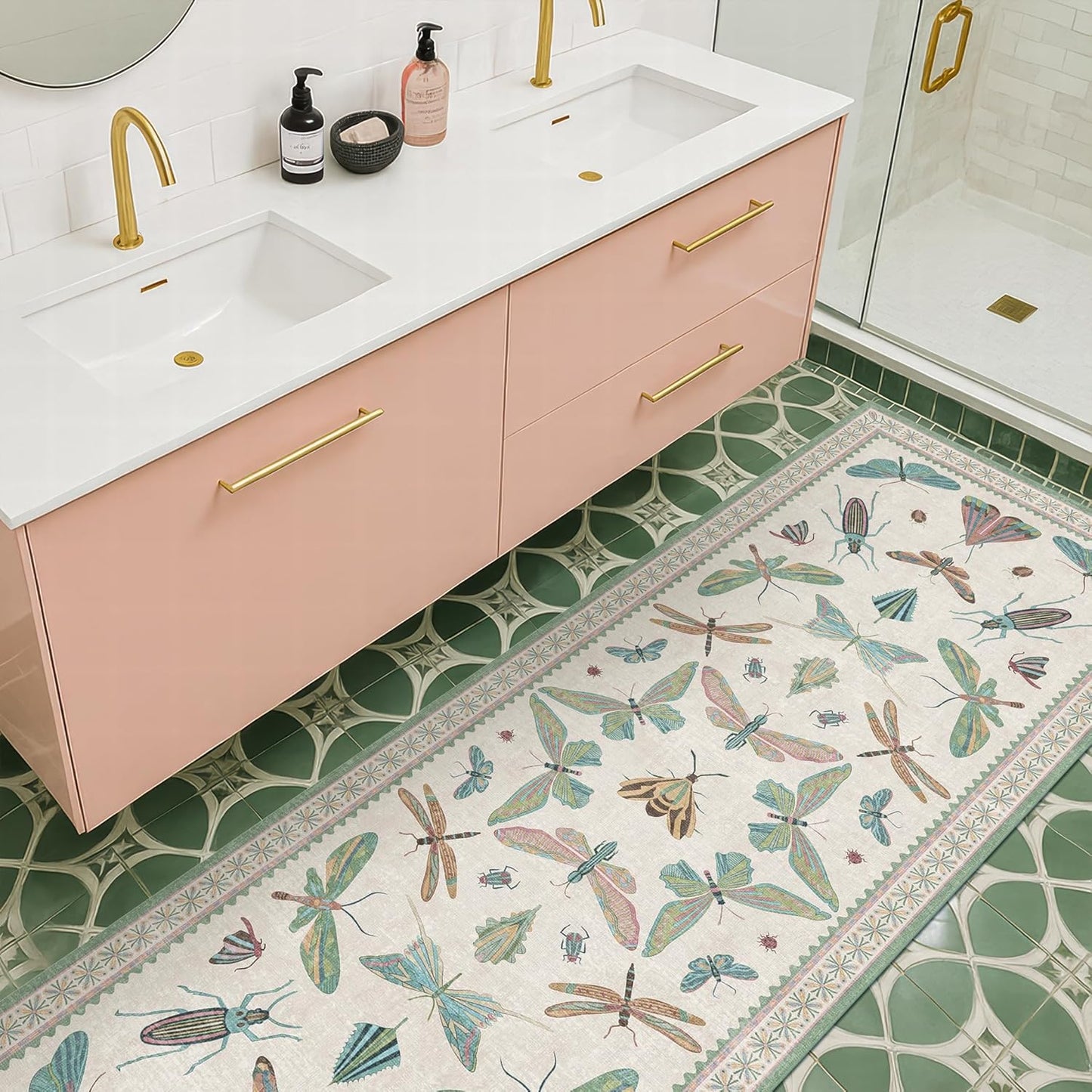 Boho Bathroom Runners - 2x6 Blue and Green Rug for Kitchen, Entry Way, Non Slip Washable Butterfly Insect Print Home Decor