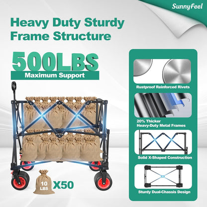 SUNNYFEEL Heavy Duty Collapsible Outdoor Utility Wagon Cart 500LB Capacity Adjustable Handlebar,Foldable Beach Wheels Stable Durable Oxford Fabric for Shopping Garden Camping (Red, Double Deck)