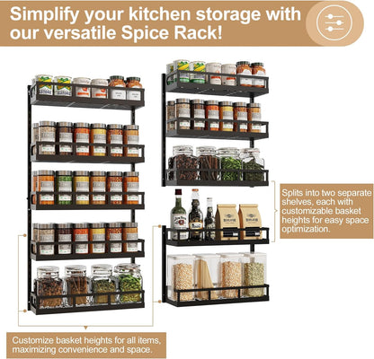 X-cosrack Wall Mount Spice Rack Organizer 5 Tier Height-Adjustable Hanging Spice Shelf Storage for Kitchen Pantry Cabinet, Dual-Use Seasoning Holder Rack with Hooks, Black-Patented