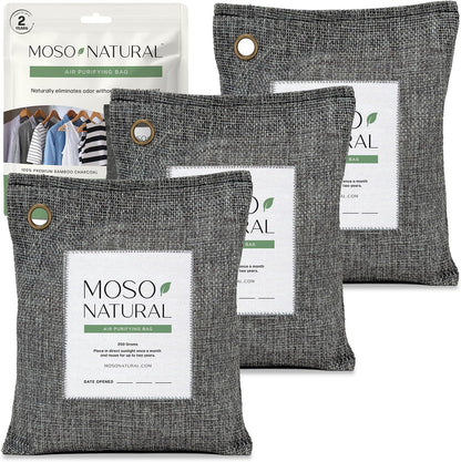 Moso Natural Air Purifying Bag 200g (3 Pack) Bamboo Charcoal Odor Absorber for Home & Car | Closet Odor Eliminator, Small Room Deodorizer & Car Air Freshener | Long Lasting Charcoal Bags Cover 90sqft
